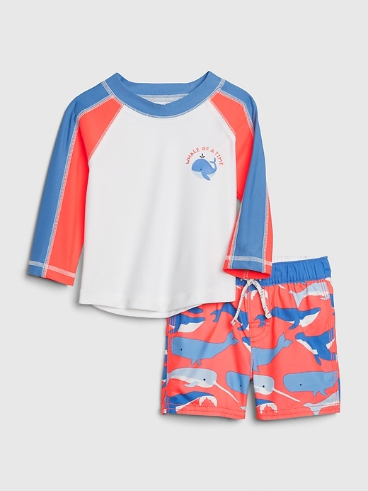 1 of 8 showing, with the color neon coral of product Baby Whale Rash Guard Swim Set