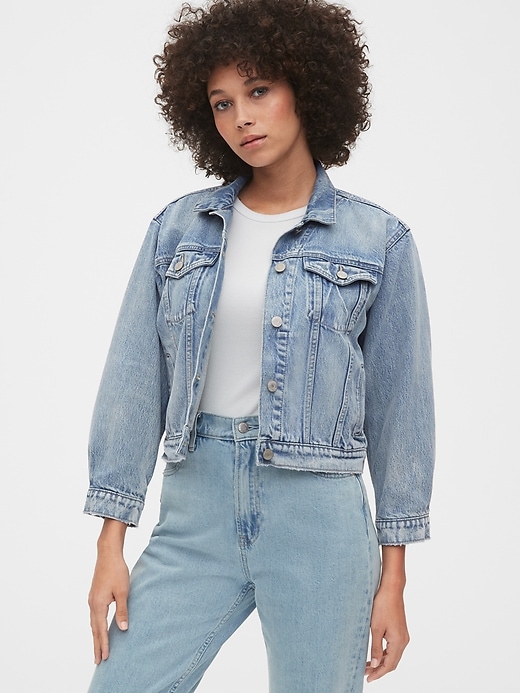 1 of 8 showing, with the color light indigo of product Cropped Icon Denim Jacket