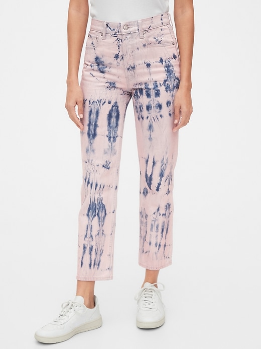 1 of 8 showing, with the color pink & blue tie dye of product High Rise Tie-Dye Cheeky Straight Jeans