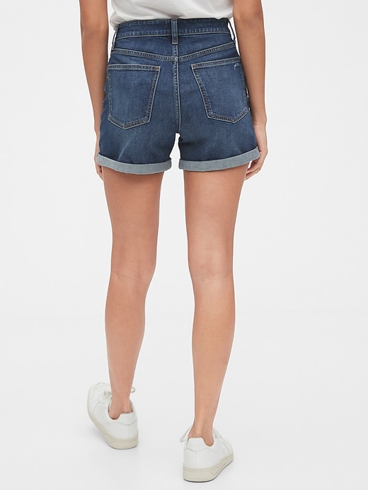 2 of 8 showing, with the color dark indigo of product High Rise Curvy Denim Shorts