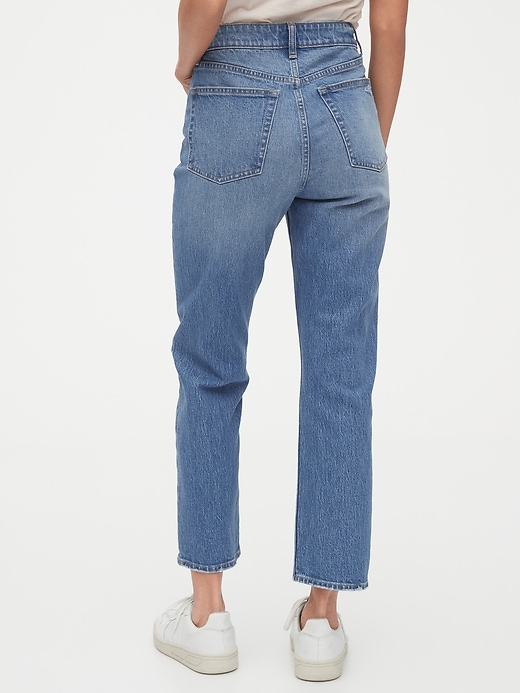 2 of 8 showing, with the color medium indigo of product High Rise Curvy Cheeky Straight Jeans