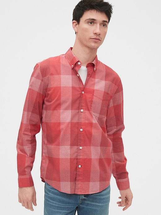 1 of 8 showing, with the color red buffalo check of product Lived-In Stretch Poplin Shirt in Untucked Fit