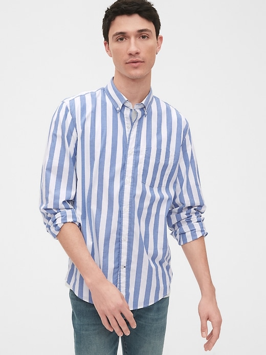 1 of 8 showing, with the color awning stripe blue of product Lived-In Stretch Poplin Shirt in Untucked Fit