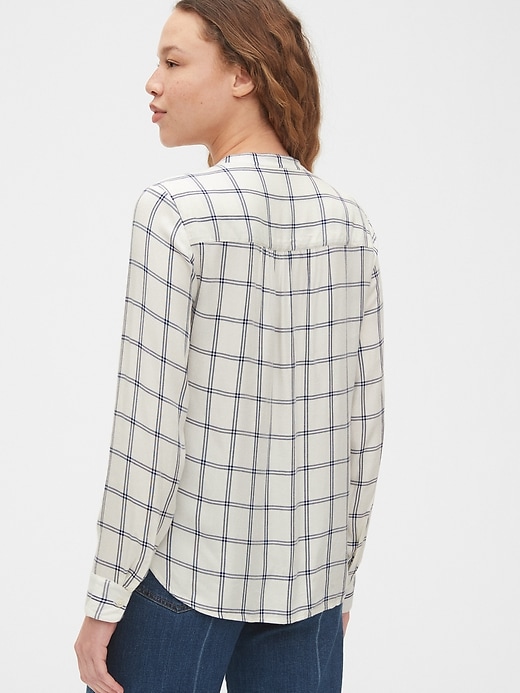 2 of 8 showing, with the color navy & white plaid of product Print Popover Top
