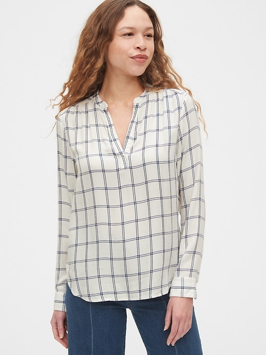 1 of 8 showing, with the color navy & white plaid of product Print Popover Top