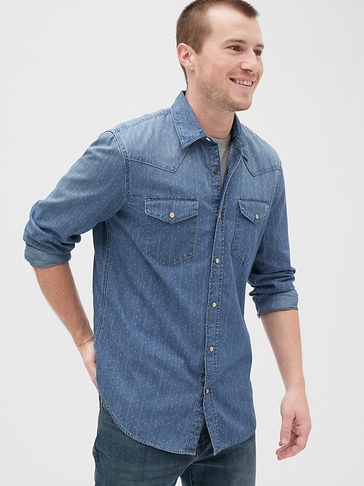 1 of 8 showing, with the color blue tile print of product Print Denim Shirt in Slim Fit
