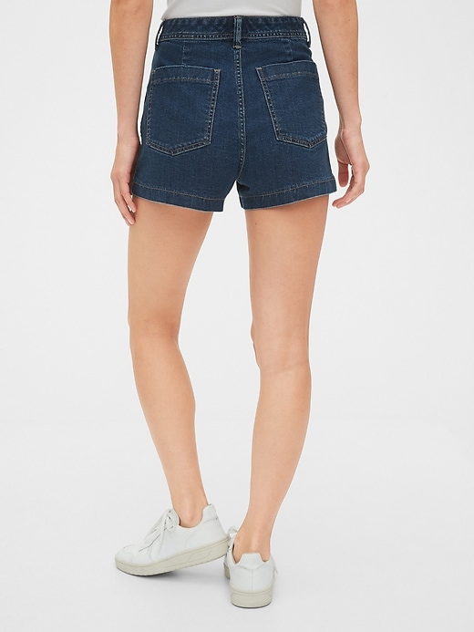 2 of 8 showing, with the color dark indigo of product High Rise Denim Chino Shorts