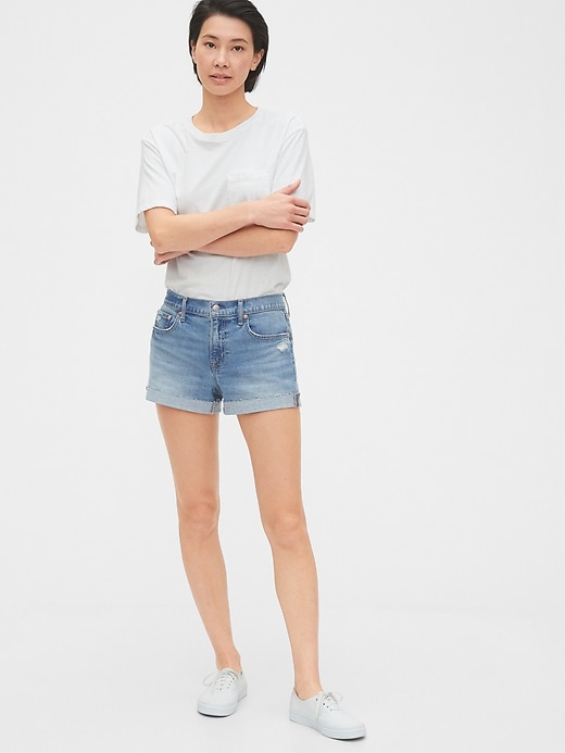 Image number 3 showing, 3" Mid Rise Distressed Denim Shorts