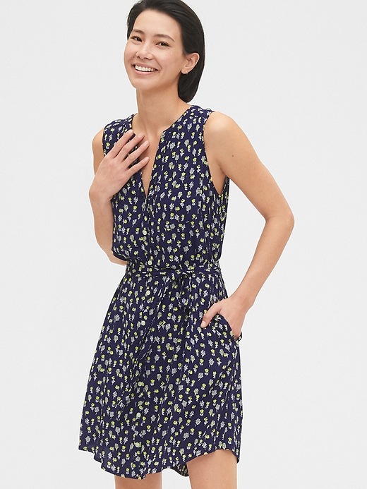 1 of 8 showing, with the color navy floral of product Sleeveless Printed Shirtdress