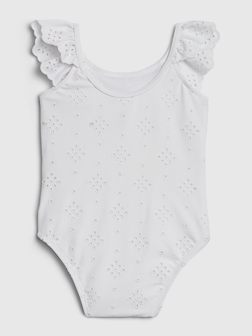 2 of 8 showing, with the color optic white of product Baby Eyelet Ruffle Swim One-Piece