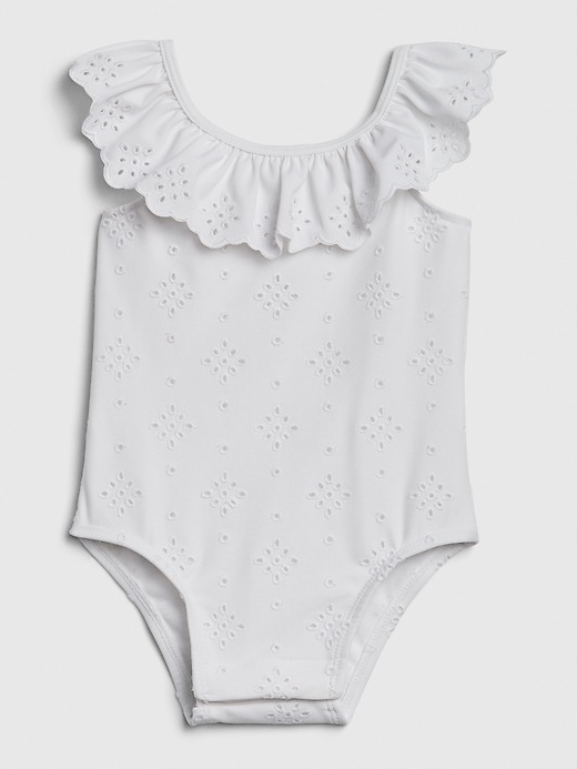 1 of 8 showing, with the color optic white of product Baby Eyelet Ruffle Swim One-Piece