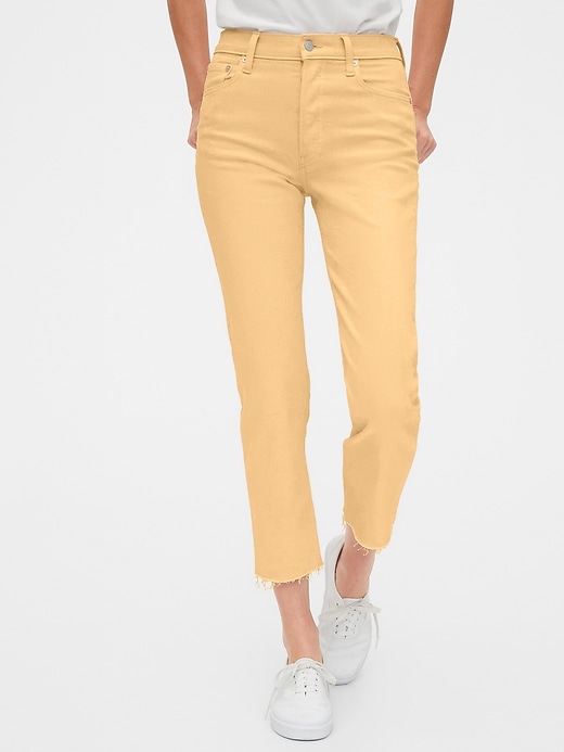 View large product image 1 of 1. High Rise Cheeky Straight Jeans with Raw Hem