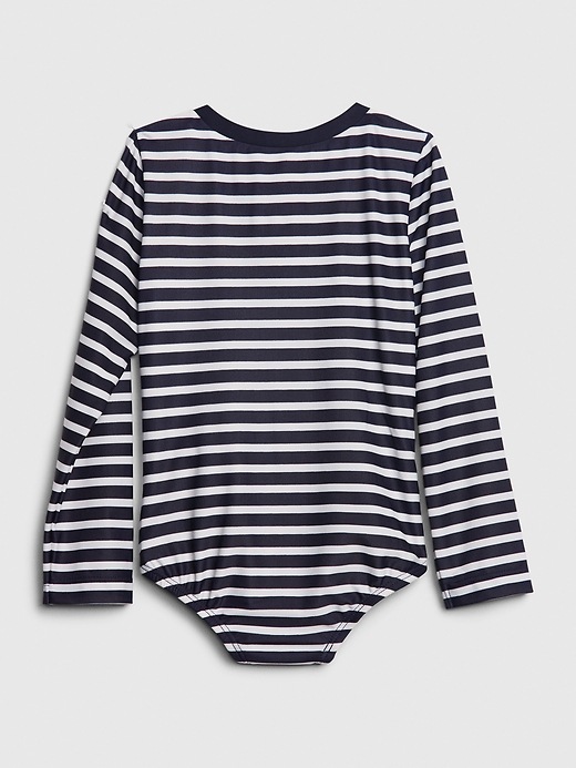2 of 8 showing, with the color navy stripe of product Toddler Stripe Rash Guard Swim One-Piece