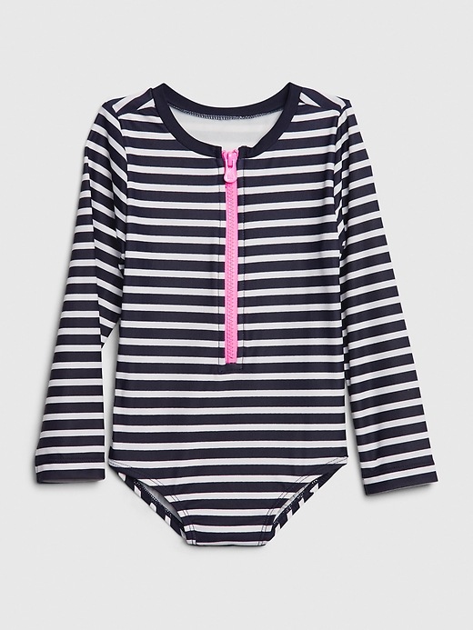 1 of 8 showing, with the color navy stripe of product Toddler Stripe Rash Guard Swim One-Piece