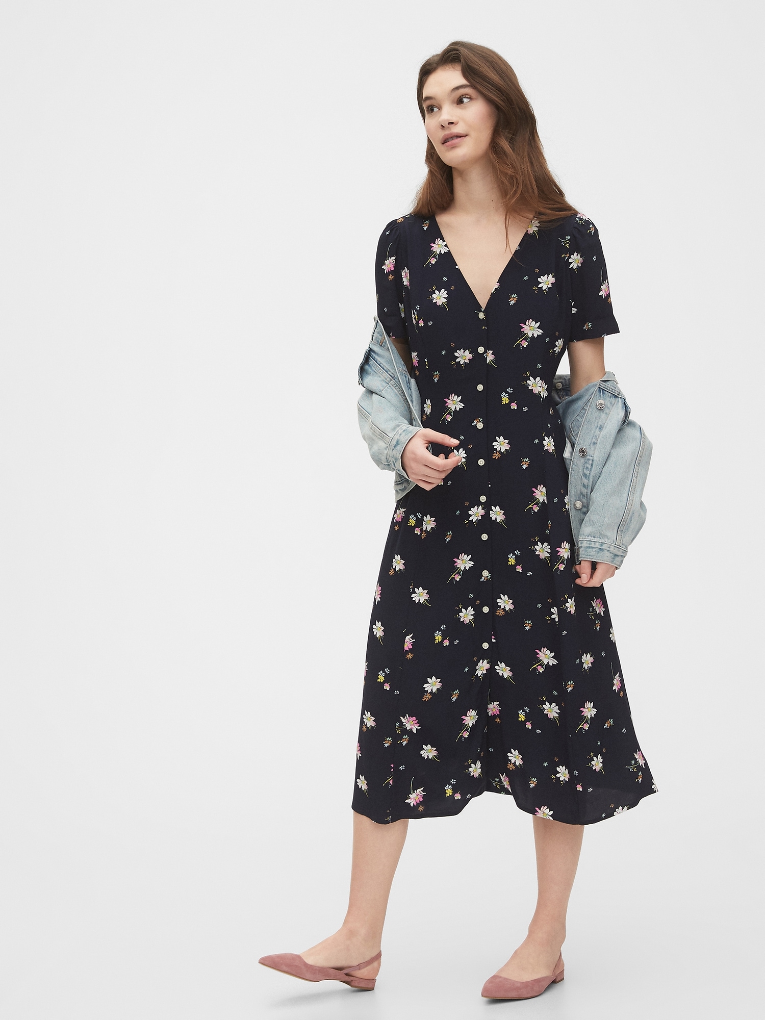 short sleeve button front midi dress