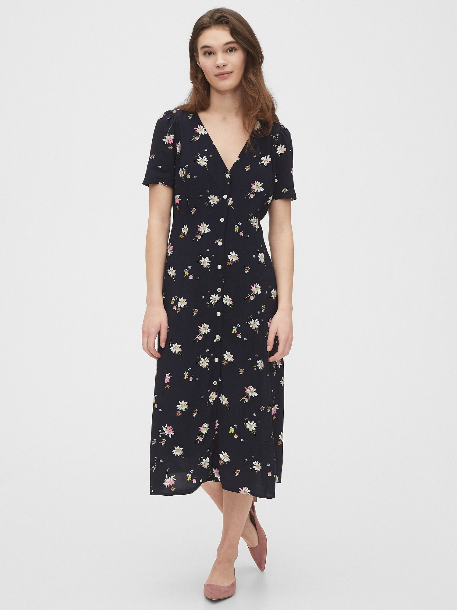 button front midi dress short sleeve