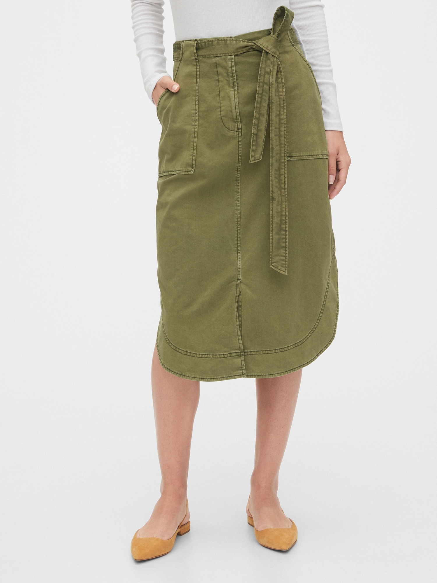 khaki denim midi skirt