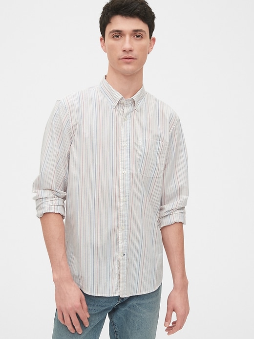 1 of 8 showing, with the color multi stripe of product Lived-In Stretch Poplin Shirt in Untucked Fit