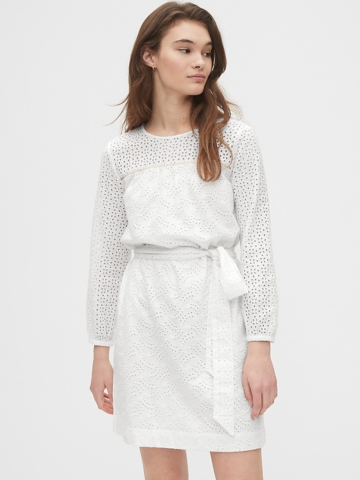 1 of 8 showing, with the color optic white of product Eyelet Tie-Belt Dress
