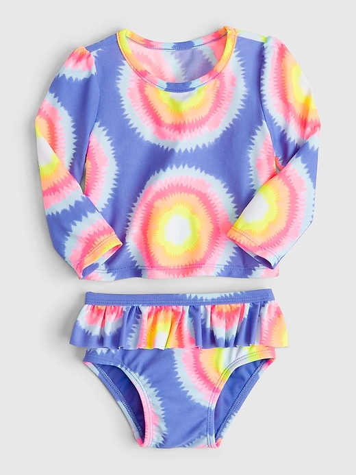 1 of 8 showing, with the color belle blue of product Baby Ruffle Rash Guard Swim Set