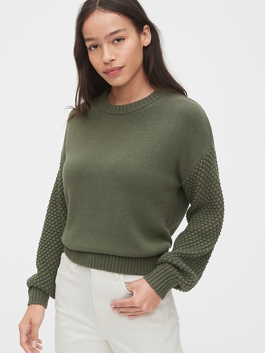 1 of 8 showing, with the color sage green of product Cropped Bobble Stitch Crewneck Sweater