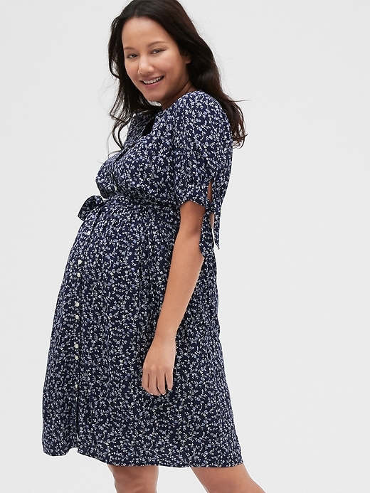 1 of 8 showing, with the color navy floral of product Maternity Print Button-Front Dress