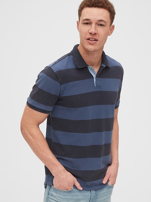 1 of 8 showing, with the color blue rugby stripe of product All Day Pique Polo Shirt