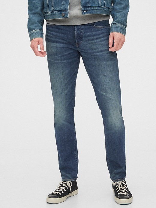 1 of 8 showing, with the color dark wash of product Recycled Slim Jeans