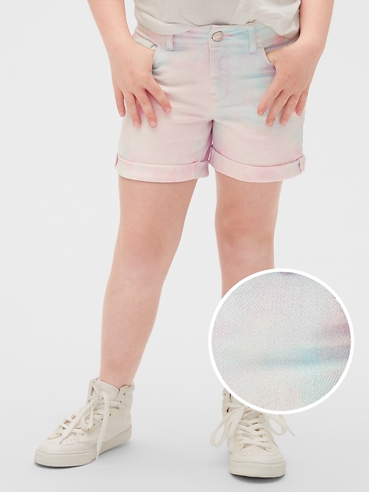 1 of 8 showing, with the color cotton candy of product Kids Tie-Dye Denim Midi Shorts