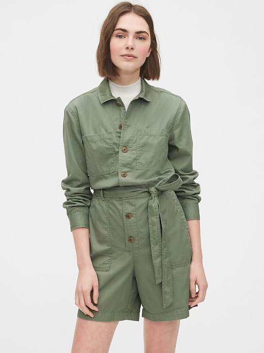1 of 8 showing, with the color twig green of product Utility Romper