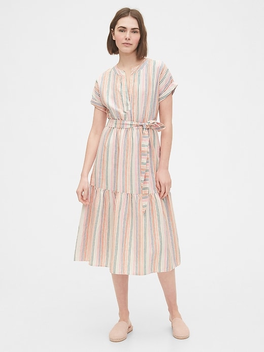 1 of 8 showing, with the color multi stripe of product Linen-Cotton Ruffle Midi Dress