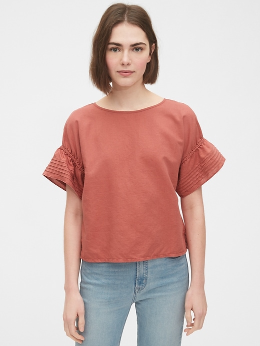 View large product image 1 of 1. Linen-Cotton Pintuck Sleeve Top