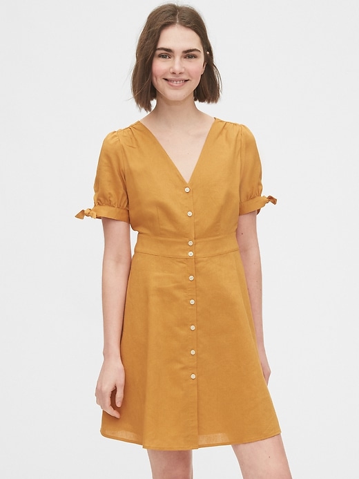 1 of 8 showing, with the color desert sunset gold of product Tie-Sleeve Dress
