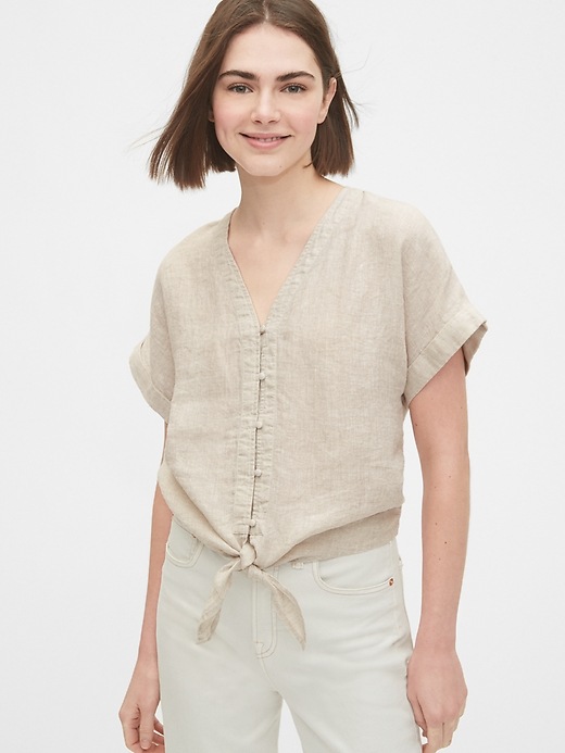 1 of 8 showing, with the color beige linen of product Tie-Front Cropped Top