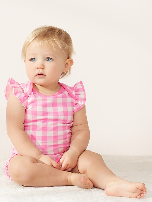 2 of 8 showing, with the color neon impulsive pink of product Baby Print Ruffle Bodysuit