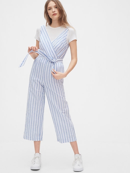 1 of 8 showing, with the color blue & white stripe of product Sleeveless Wrap-Front Jumpsuit in Linen-Cotton