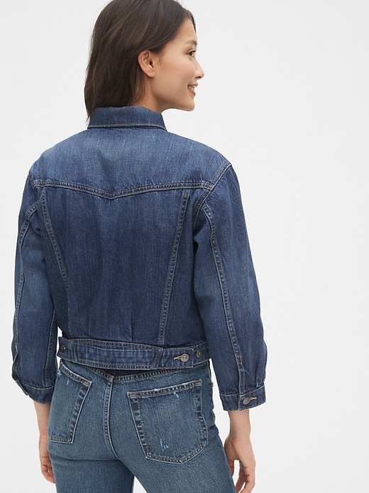 2 of 8 showing, with the color medium indigo of product Recycled Cropped Icon Denim Jacket