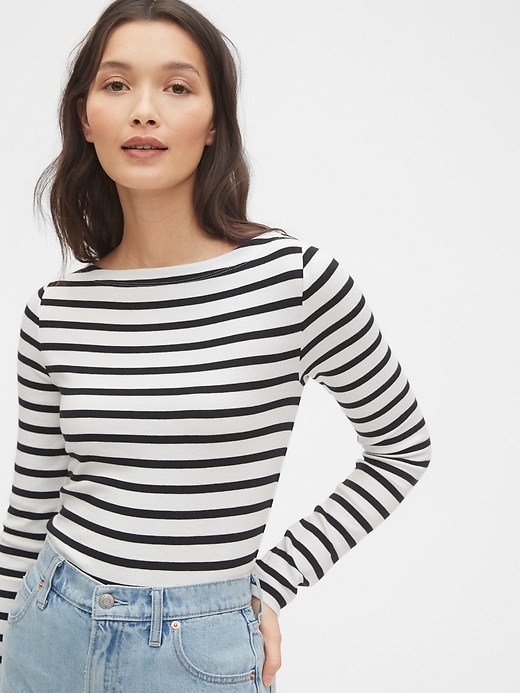 View large product image 1 of 1. Modern Long Sleeve Stripe Boatneck T-Shirt