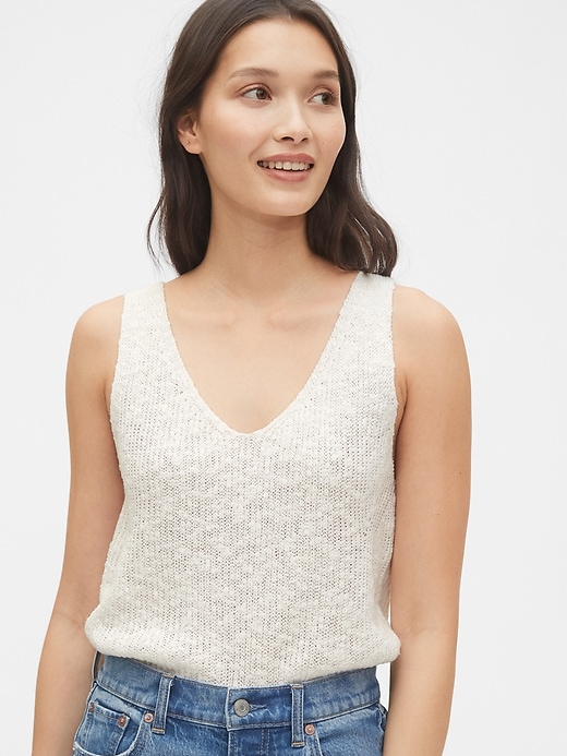 Image number 1 showing, Ribbed V-Neck Sweater Tank in Linen-Cotton