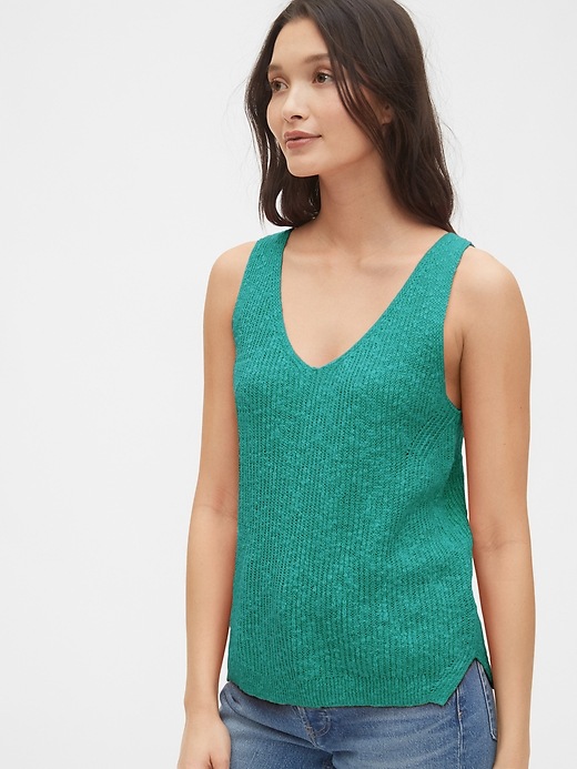 View large product image 1 of 1. Ribbed V-Neck Sweater Tank in Linen-Cotton