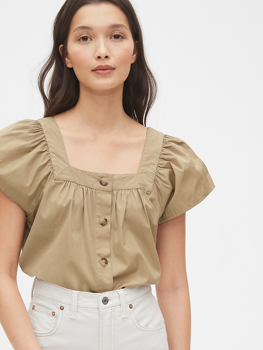1 of 8 showing, with the color khaki tan of product Squareneck Button-Front Top