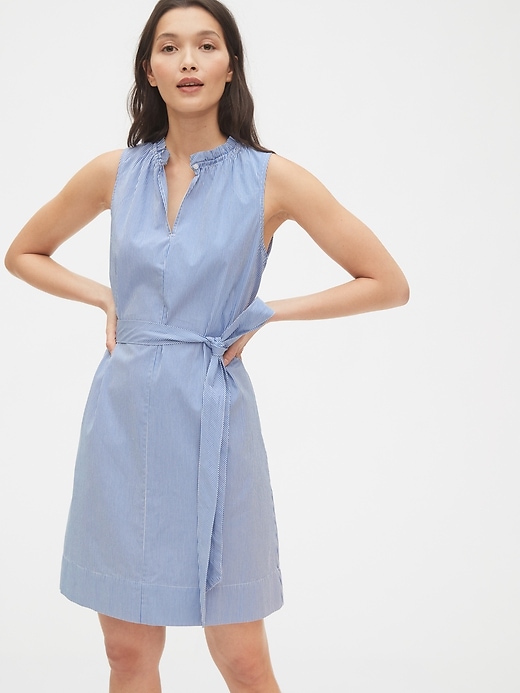 1 of 8 showing, with the color blue & white stripe of product Ruffle-Neck Shirtdress in Poplin