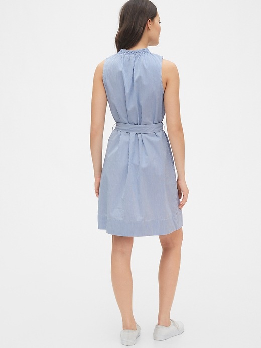 2 of 8 showing, with the color blue & white stripe of product Ruffle-Neck Shirtdress in Poplin