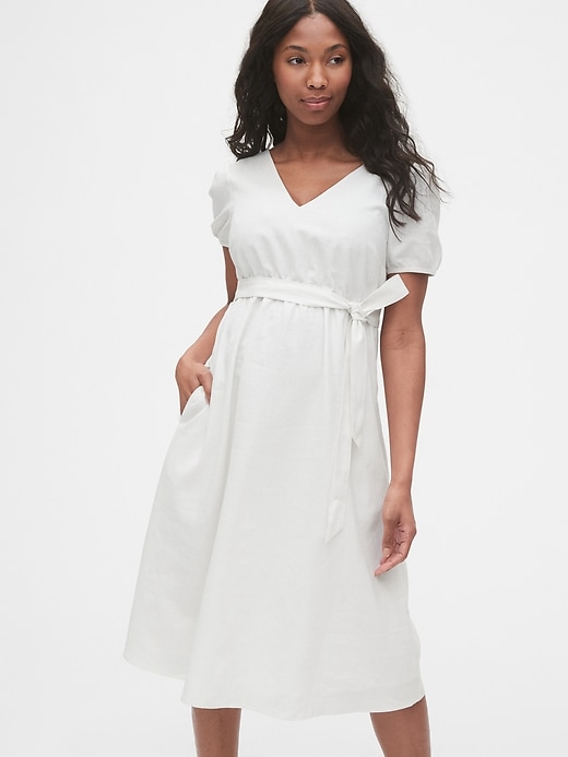 1 of 8 showing, with the color optic white of product Maternity Linen-Cotton V-Neck Midi Dress