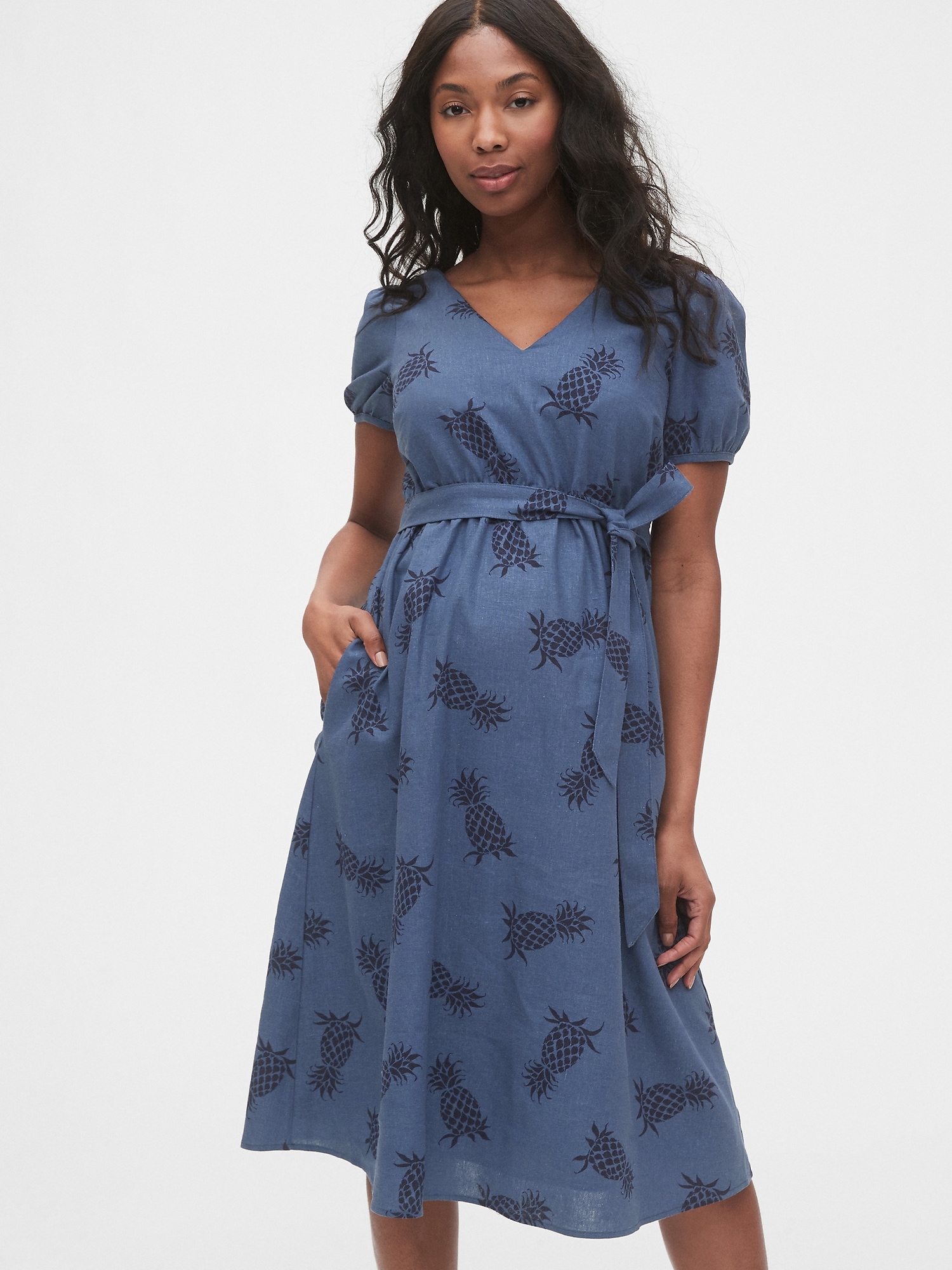 Maternity Linen-Cotton V-Neck Midi Dress