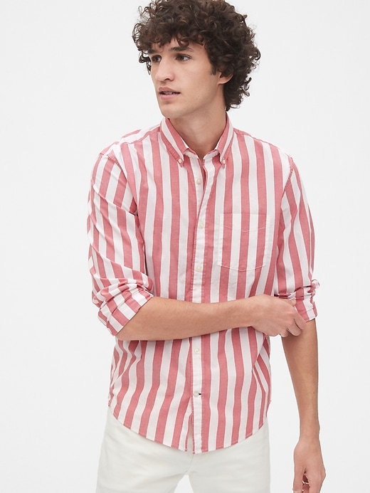 1 of 8 showing, with the color red stripe of product Lived-In Stretch Poplin Shirt in Untucked Fit
