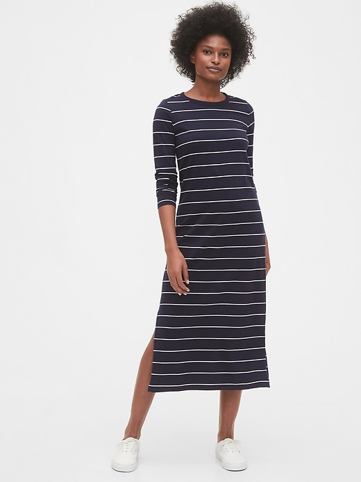 1 of 8 showing, with the color navy blue stripe of product Long Sleeve Knit Midi Dress