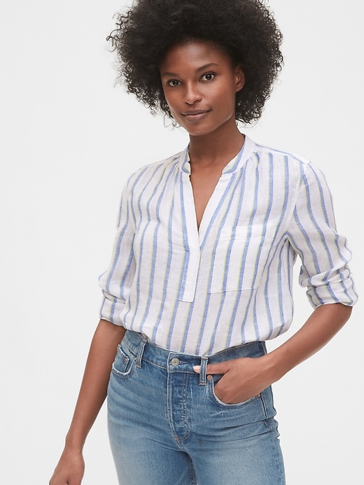 1 of 8 showing, with the color blue stripe of product Popover Pocket Shirt in Linen