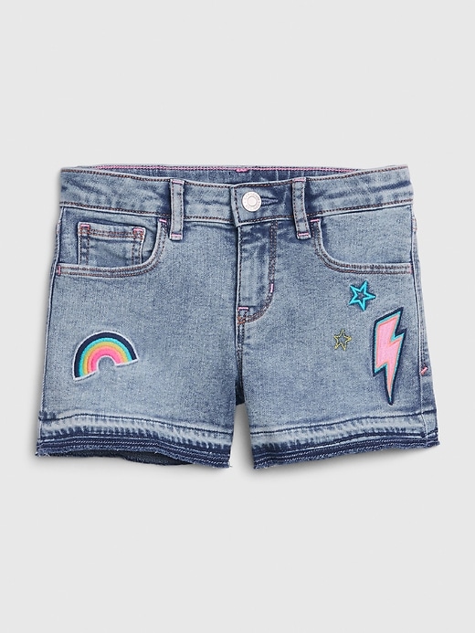 2 of 8 showing, with the color medium wash of product Kids Embroidered Patch Denim Shortie Shorts