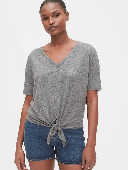 1 of 8 showing, with the color heather grey of product Cropped V-Neck Tie-Front Shirt